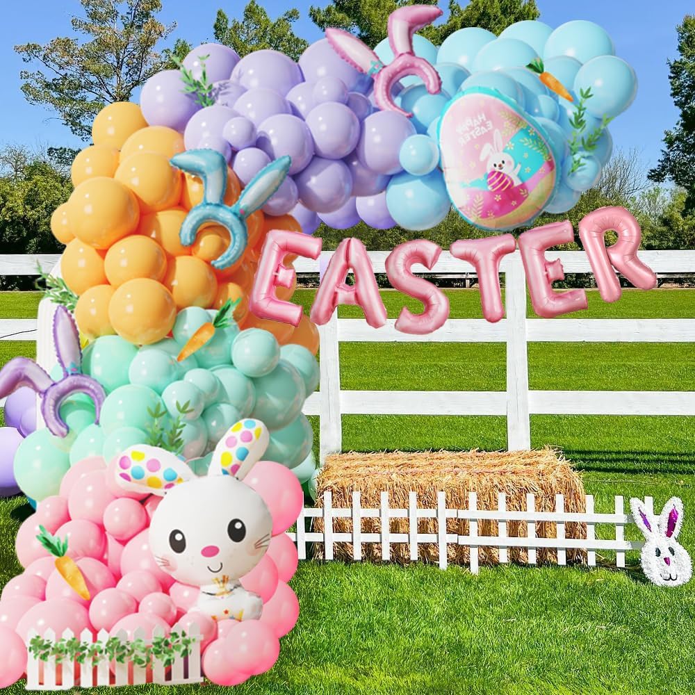 Pastel Easter Balloon Arch Kit by [Brand Name] - 145PCS with Bunny Ear Headband & Foil Balloons for Spring Celebrations