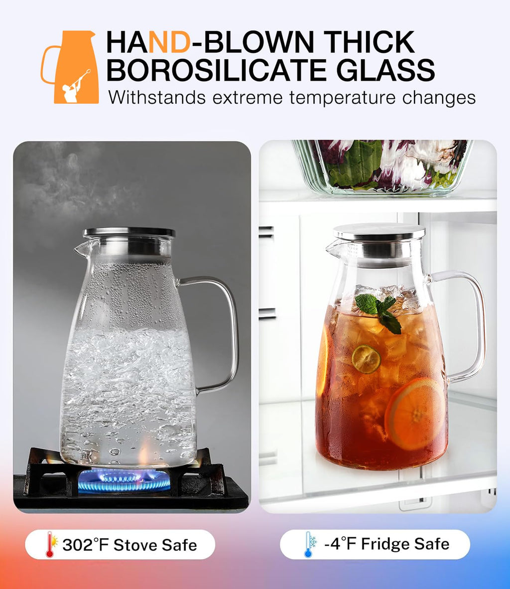 LUNA & MANTHA 2 Liter 68oz Water Pitcher with Handle and Spout, Glass Pitcher with Lid for Fridge, Borosilicate Glass for Sangria, Iced Tea, Juice, Cold/Hot Beverage, Large Jug with 2 Silicone Rings