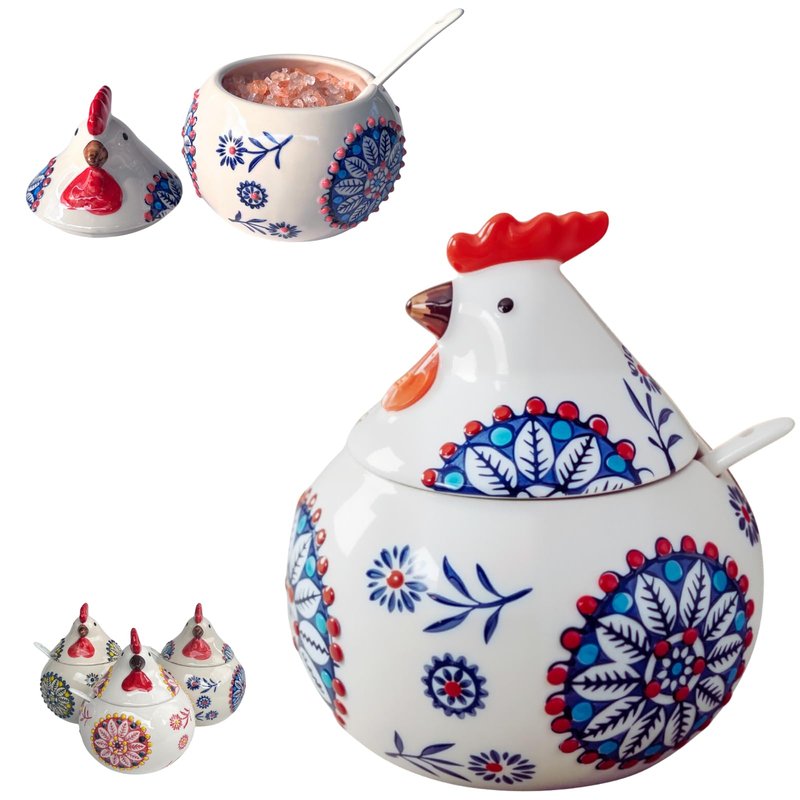 XIEFFICH 13.5 Oz Salt Cellar With Lid and Spoon (Blue)- Ceramic Chicken Spice Jars for Salt, Sugar, Pepper - Spice Containers for Countertop