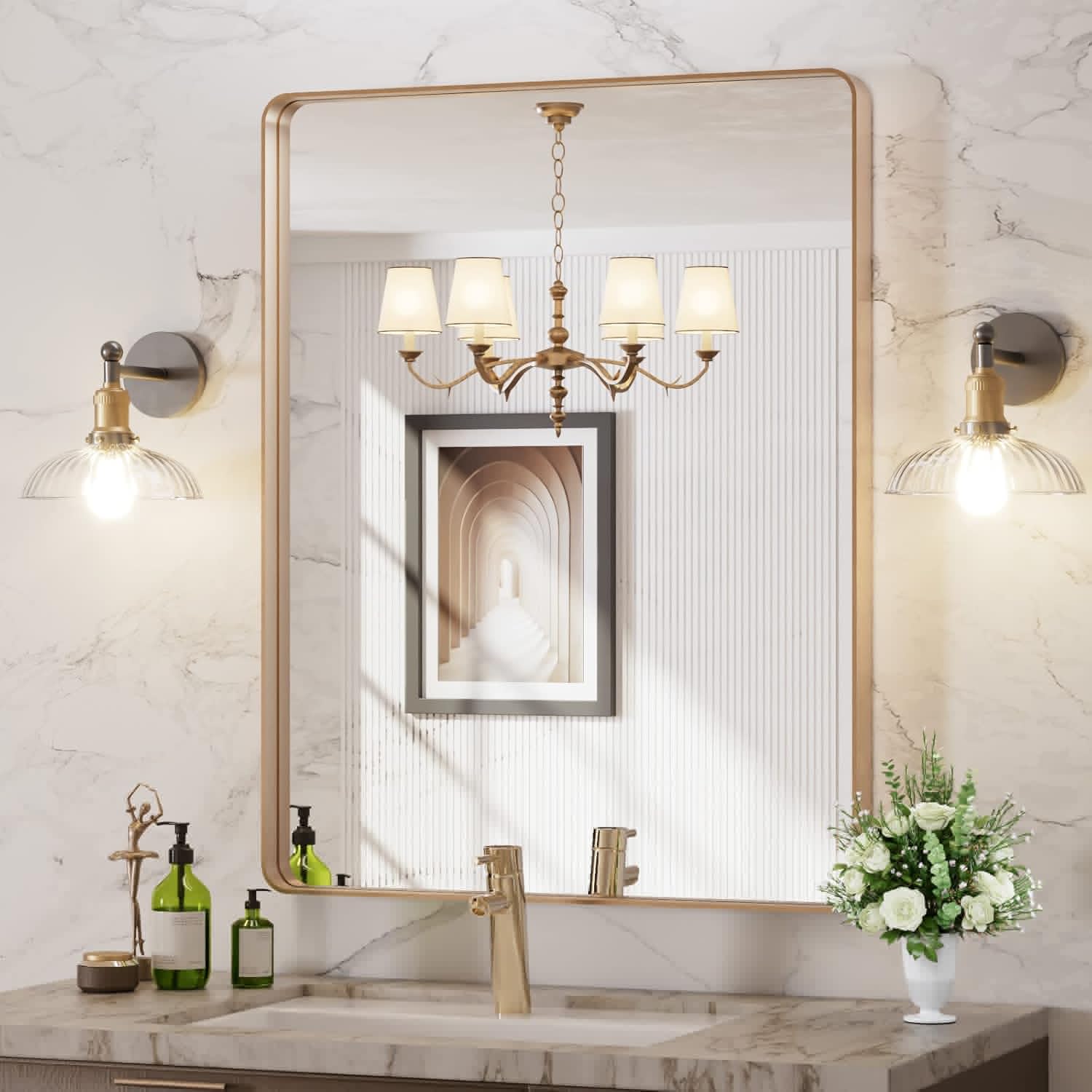 LOAAO Gold Bathroom Mirror - 28”X36” Rounded Rectangle Design | Anti-Rust Tempered Glass, Wall-Mounted