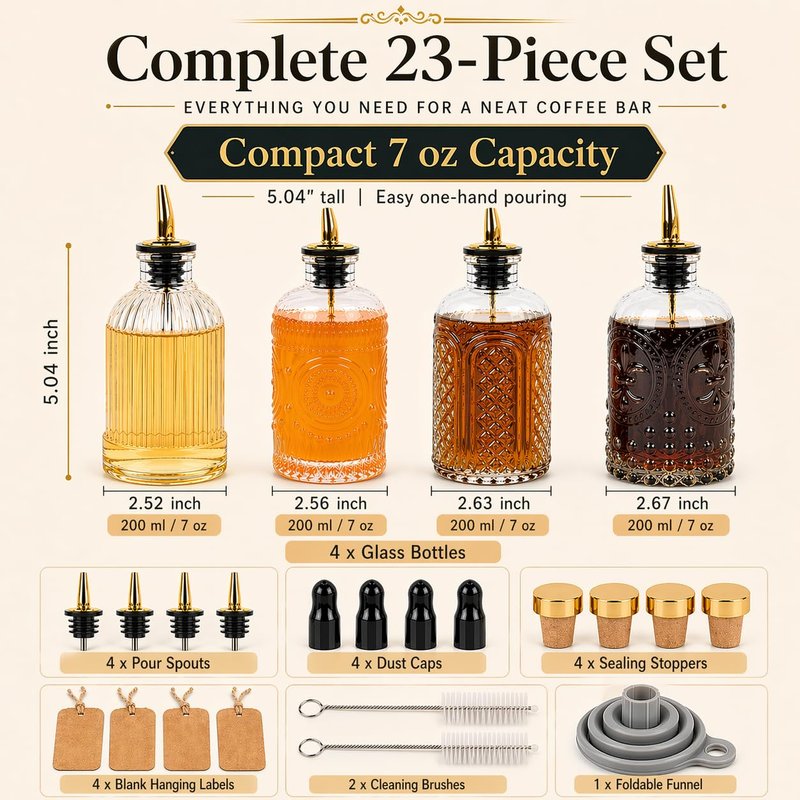 ChezMax Syrup Dispenser Bottles Set of 4, Simple Syrup Bottle for Coffee Bar Accessories, 7 oz Glass Coffee Syrup Dispenser Syrup Containers for Maple Honey Syrup Oil, with Metal Pour Spouts & Labels