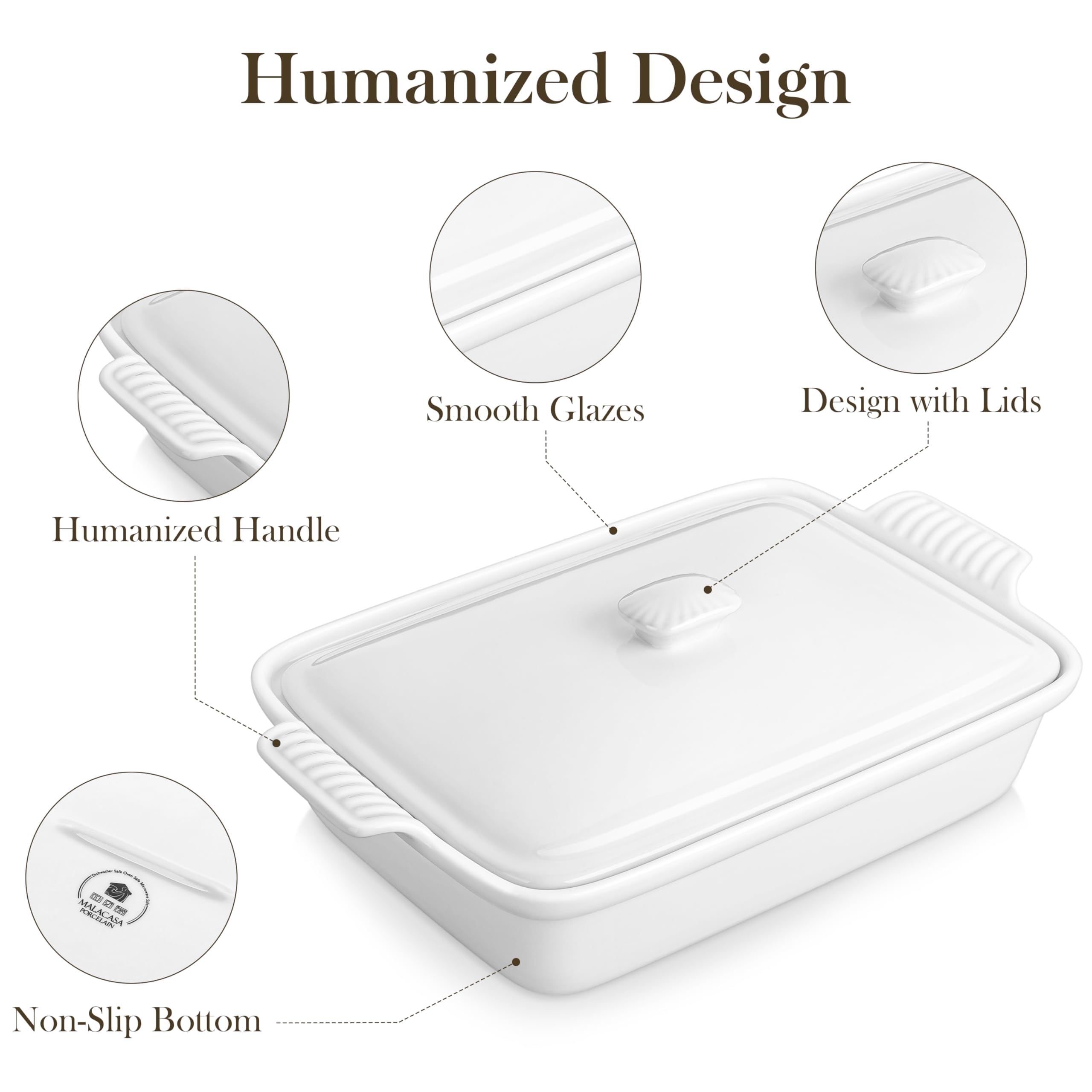 MALACASA 3.4 Quart Baking Dish With Lid, Porcelain Casserole dish with Lid, 13 x 9 Lasagna Pan Deep with Lid, Rectangular Bakeware With Handle, Microwave, Oven Safe, White, Series BAKE