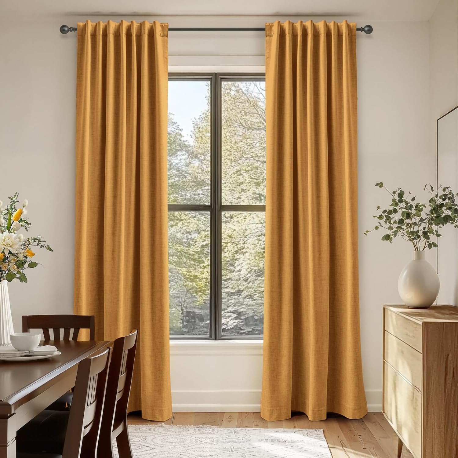 Skiennix 100% Blackout Linen Curtains - Thermal Insulated Drapes, 50" W x 102" L, Mustard Yellow - 2 Panels Set