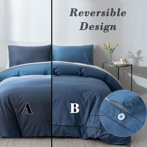 100% Cotton Duvet Cover Twin Size - Reversible Ocean Blue Duvet Cover Set with Button Closure, Gradient Navy Blue Bedding Set 2 Pcs, 1 Duvet Cover 68"x90" with 4 Corner Ties and 1 Pillow Sham 20"x26"