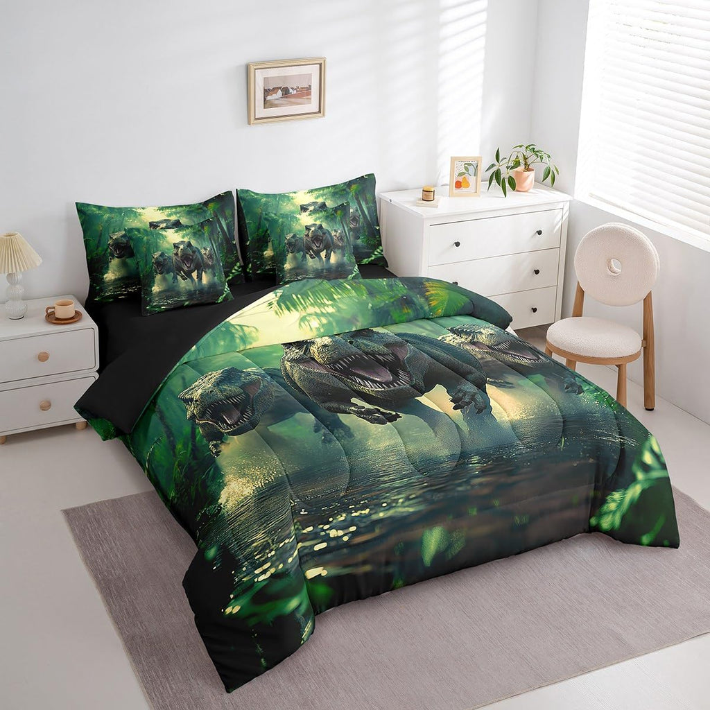 Cartoon Dinosaur Bed Set Includes Comforter, Sheet Set, Pillowcases & Pillow Covers Twin 3D Dino Print 7 Piece Bedding Set Decor Jungle Dino Comforter Set Soft Microfiber Wild Animal Bedroom Decor