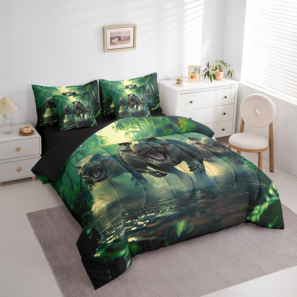 Cartoon Dinosaur Bed Set Includes Comforter, Sheet Set, Pillowcases & Pillow Covers Twin 3D Dino Print 7 Piece Bedding Set Decor Jungle Dino Comforter Set Soft Microfiber Wild Animal Bedroom Decor
