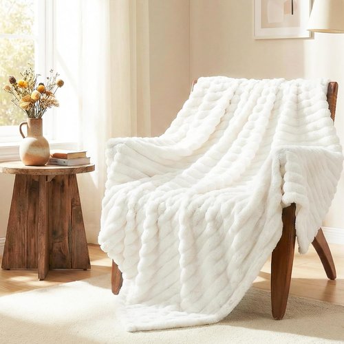 HIMEET Off White Ribbed Queen Size Blanket - 300GSM Lightweight Fleece for Home Decor | 90x90 Inches