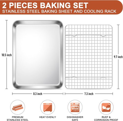 E-far Stainless Steel Baking Sheet Set - 10.5” x 8.3” Cookie Pan with Cooling Rack | Non-Toxic & Dishwasher Safe