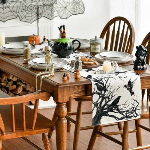 Artoid Mode Silhouette Tree Crows Halloween Table Runner, Branches Fall Kitchen Dining Table Decoration for Outdoor Home Party 13x108 Inch