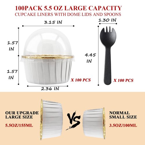 LNYZQUS 5.5 Oz Foil Cupcake Tins Baking Cups, Disposable Ramekins Muffin Tins, Large Cupcake Cups with Spoons-White in Gold