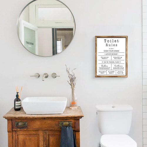 MODE HOME Farmhouse Wall Art - Funny Toilet Rules Sign with Torched Brown Frame | 14x11 Inch Shabby Chic Decor