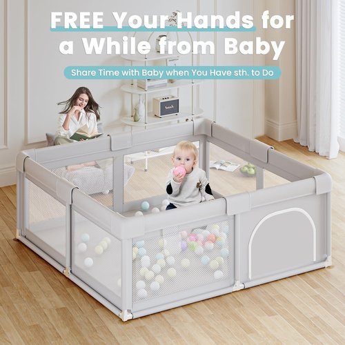 Hiaksedt Baby Playpen - 50 x 50 Inch Safe Play Area with Ocean Balls & Soft Fabric Zipper Gates