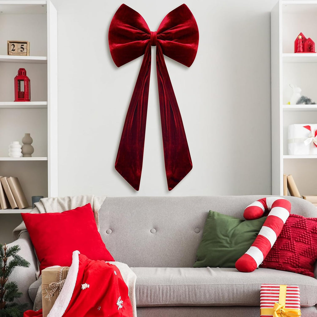 Skiennix 40x18 Inch Large Velvet Red Bow - Stunning 3D Tree Topper & Party Backdrop Decor (Wine Red)