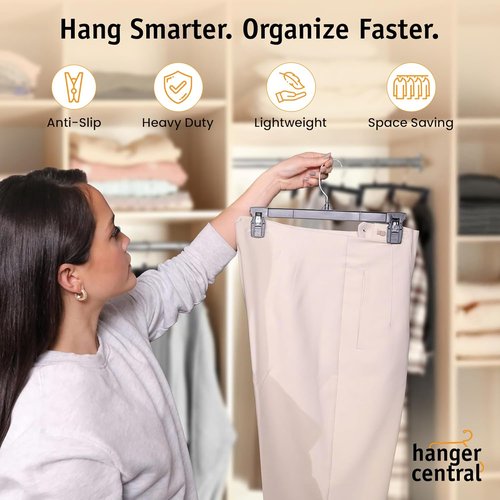 Hanger Central 12 Inch Slim Pants Hangers - Heavy Duty Non-Slip Clips for Skirts & Shorts | Black 12 Pack