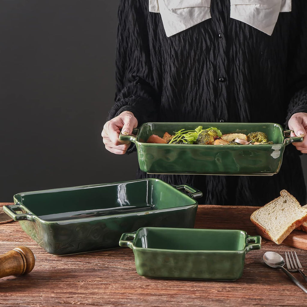 VICRAYS Ceramic Bakeware Set - Porcelain Rectangular Baking Dish for Lasagna & Casseroles | 3 PCS, 15 x 8.5 Inches, Green