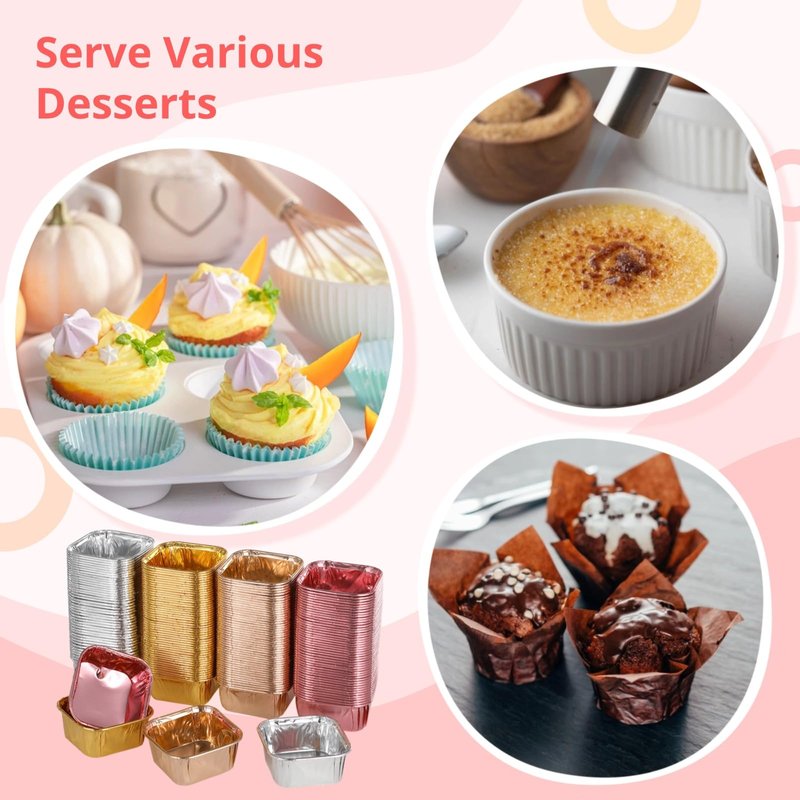 200 Pcs Aluminum Foil Cupcake Liners, Square Disposable Brownie Baking Cups, Mini Dessert Cups, Muffin Cheesecake Pans, Muffin Tin Ramekins Holders for Wedding, Party