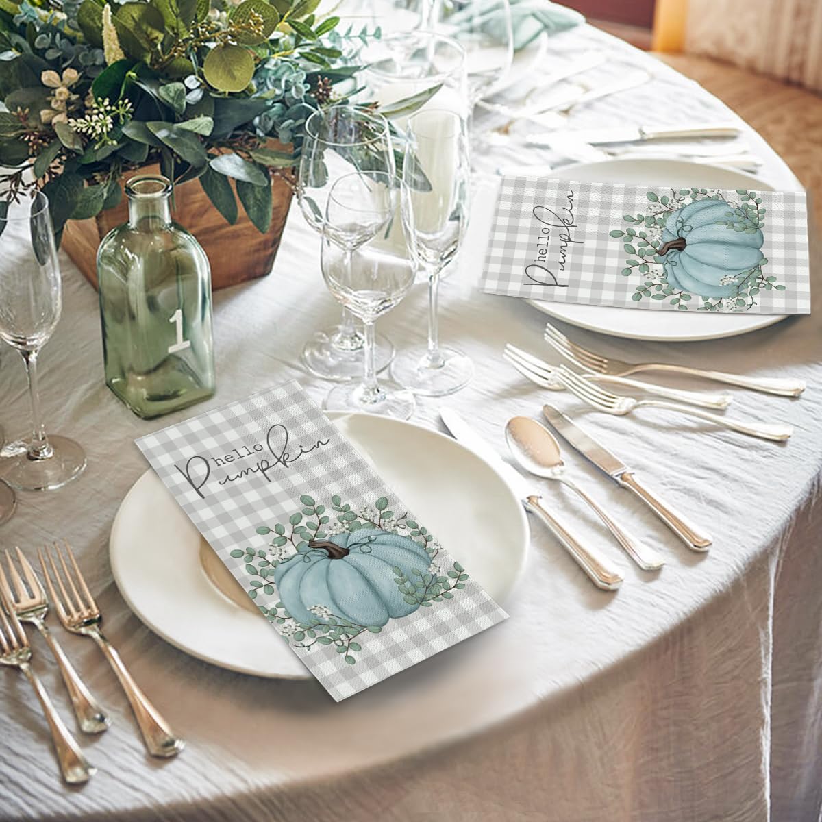 Horaldaily 100 Fall Disposable Paper Decorative Guest Napkins, Thanksgiving Buffalo Plaid Blue Pumpkin Hand Towel for Party Lunch Dinner Kitchen Bathroom