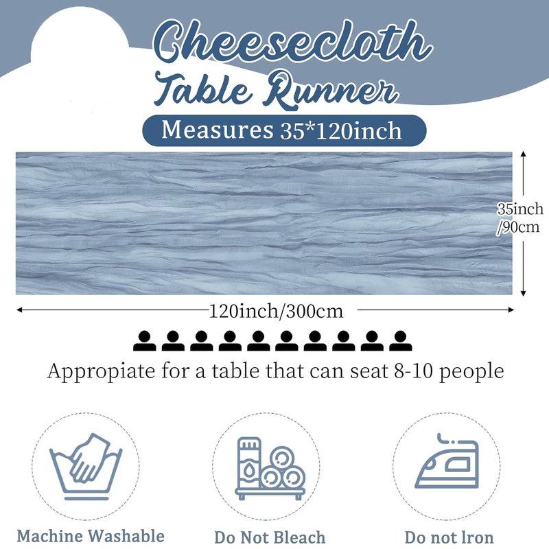 6 Pack Dusty Blue Cheesecloth Table Runner, 35 x 120 Inch Dusty Blue Cheese Cloth Table Runner, 10FT Boho Gauze Spring Table Runners for Wedding Bridal Baby Shower Birthday Party