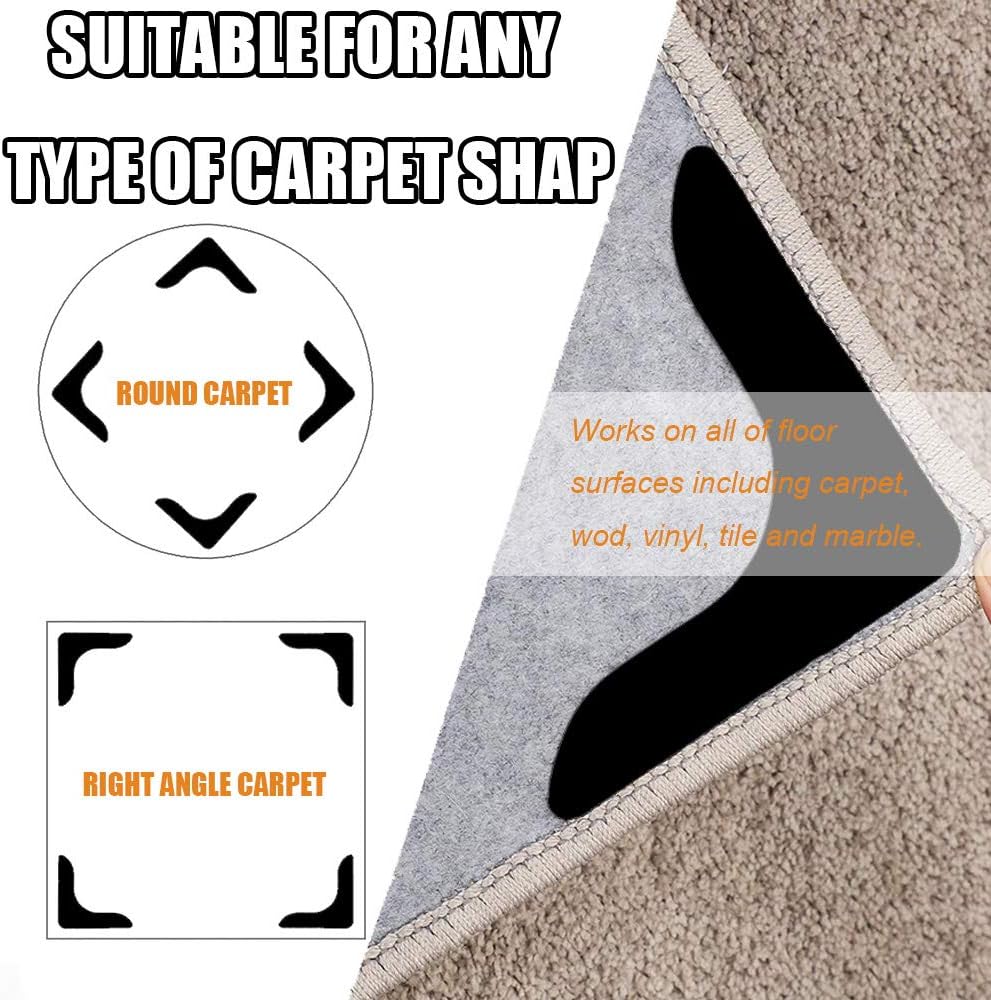Skiennix Rug Grippers - Super Sticky Anti-Curling Carpet Tape | Non-Slip 8-Piece Set (Black)