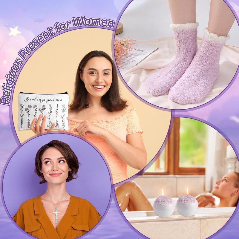 11Pcs Purple Christian Gifts for Women Faith Spiritual Inspirational Religious Catholic Gift for Women Mom Wife Friend Sister Birthday Holiday Christmas Gifts Includes Tumbler Tote Bag Socks Scarf Set
