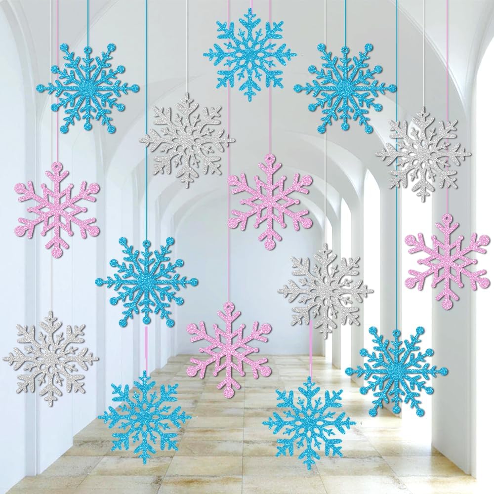 Skiennix Winter Snowflake Hanging Ornaments - Sparkly Ceiling Streamers for Christmas & New Year | Glitter Pink, Blue, Silver