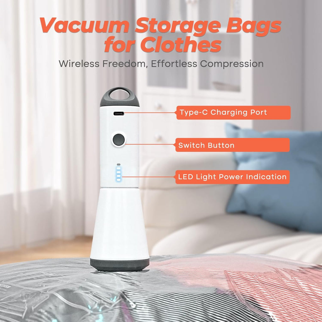 Vacbird Vacuum Storage Bags - 18 Pack with Rechargeable Wireless Pump | Large, Medium & Small Sizes for Clothing, Bedding & Travel