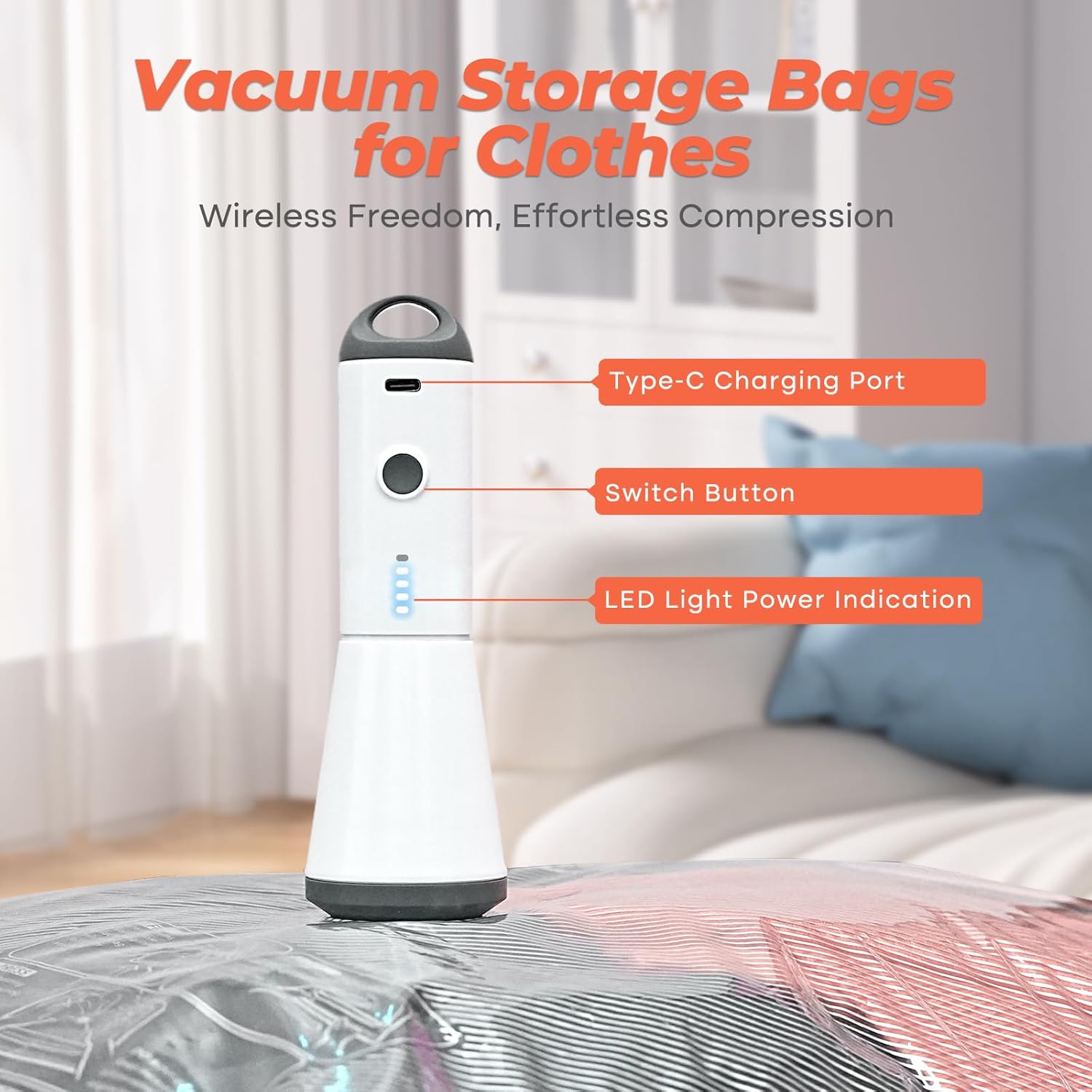 Vacbird Vacuum Storage Bags - 18 Pack with Rechargeable Wireless Pump | Large, Medium & Small Sizes for Clothing, Bedding & Travel