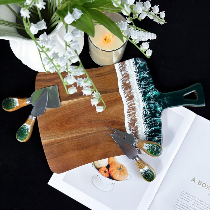 Charcuterie Boards with Resin Cheese Knives, Wood Resin Cheese Platter - Cheese Tray with Cheese Utensils, Fruit Tray, and 4 Cheese Knives House Warming Gifts New Home, Wedding Gift for Couple