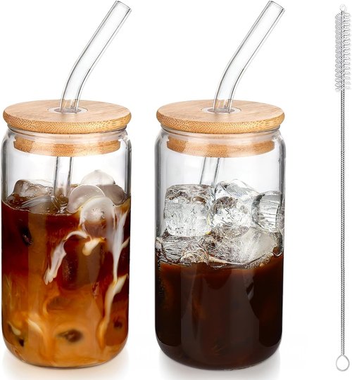 DWTS Danweitesi Iced Coffee Cups - 16 oz Glass Tumblers with Lids & Straws | Reusable Drinkware Set