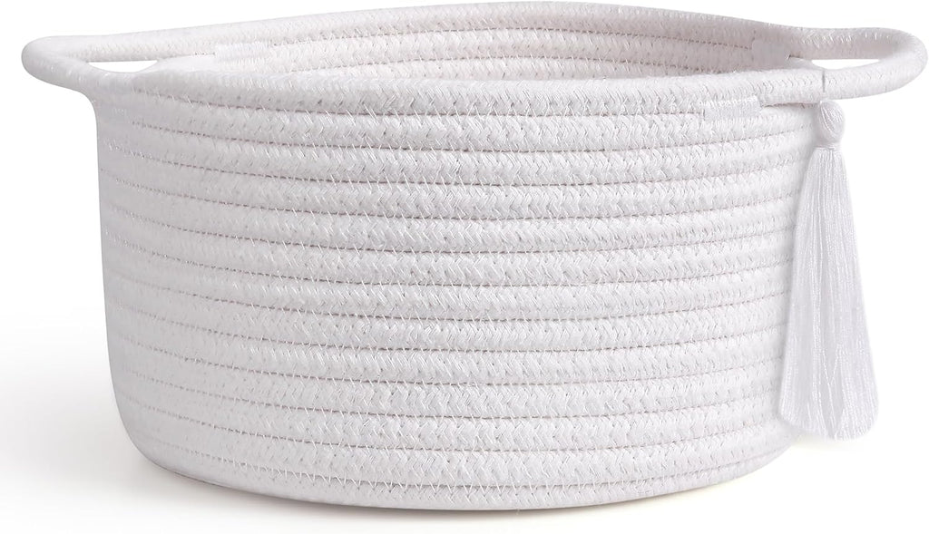 SweetMemo Small White Gift Basket - Decorative Woven Basket for Kids & Baby Showers | Mini Cotton Rope Bin with Handles