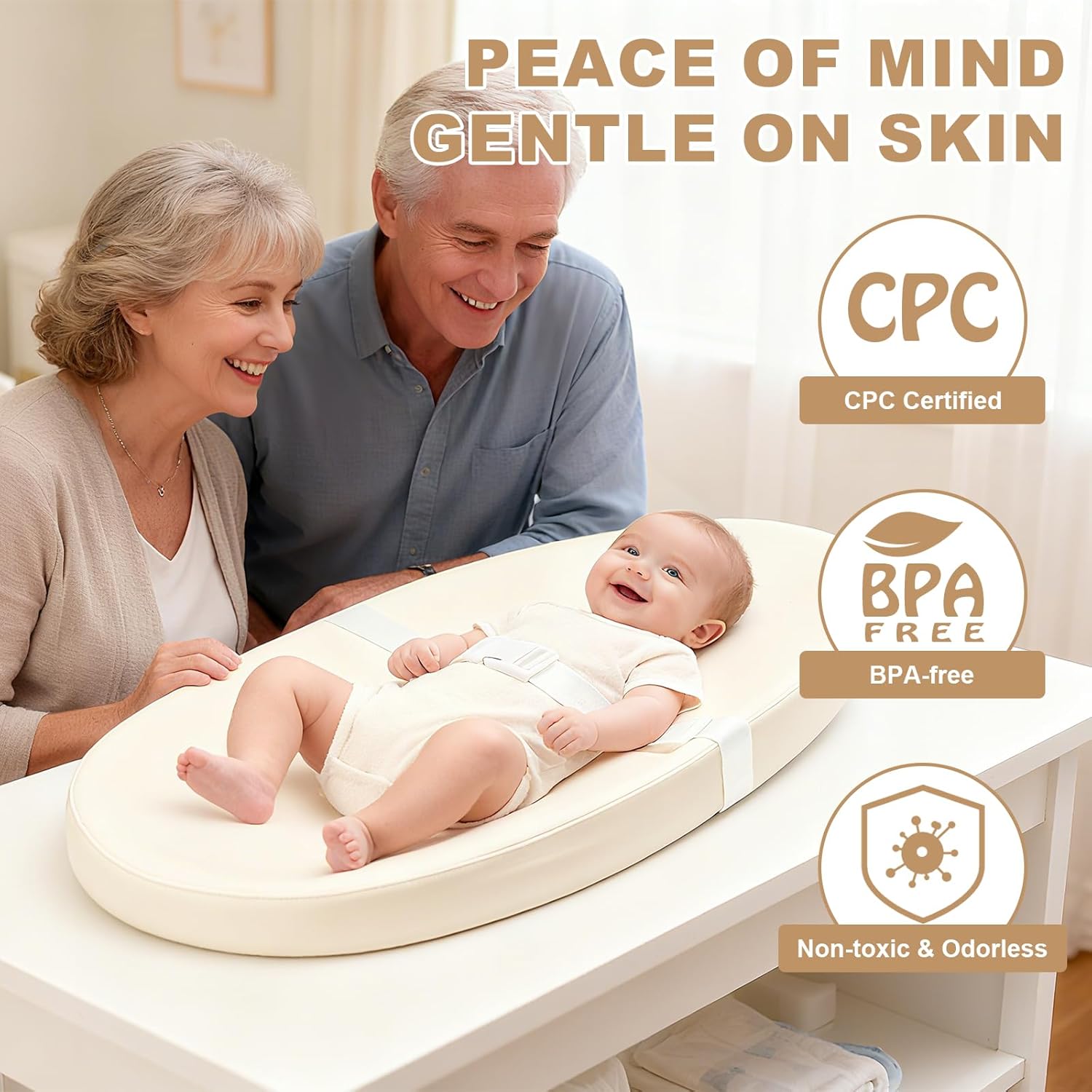 Regine Switzerland Baby Changing Pad - Waterproof PU Cover, Non-Slip Safety Belt, Portable Foam Mat | Beige