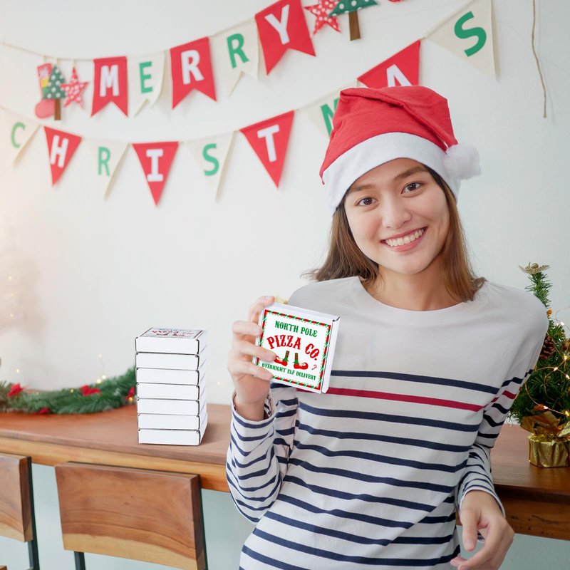 Tioncy 100 Pcs 3.54 x 3.54 x 0.78 Inch Mini Pizza Box with Elf Stickers - Square Flat Cardboard Cookie Pizza Box for Christmas, Birthday Party Favors, Valentines Day