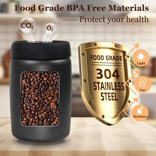HelpyLife Coffee Vacuum Canister - 16oz Airtight Stainless Steel Food Storage | Press Out Excess Air, Perfect for Coffee Beans & Tea
