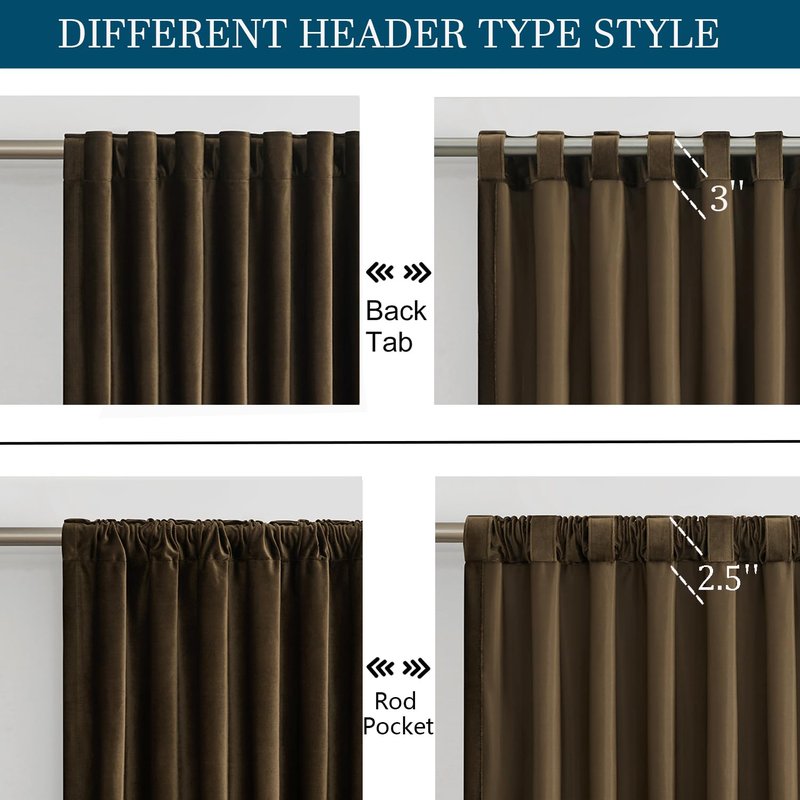 PRIMROSE Brown Polyester Velvet Curtains 102 inch Long for Living Room,Set of 2 Panels Blackout Rod Pocket Back Tab Window Treatment Room Darkening Heavy Decorative Curtains Drapes for Bedroom