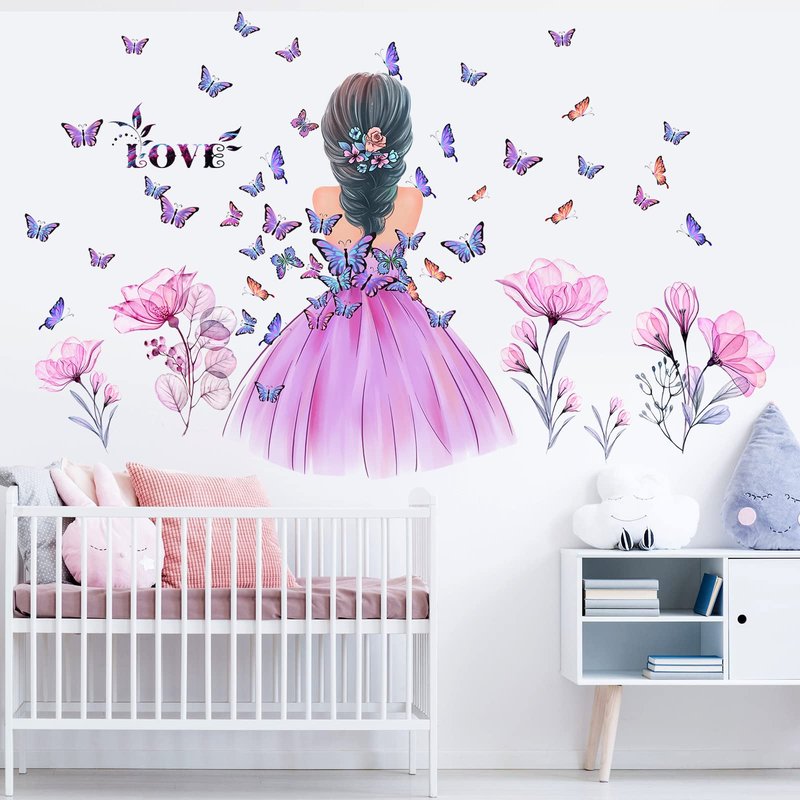Butterfly Girl Wall Stickers Flower Fairy Wall Decal Pink Floral Wallpaper Colorful Butterflies DIY Removable Vinyl Wall Art for Girls Baby Nursery Bedroom