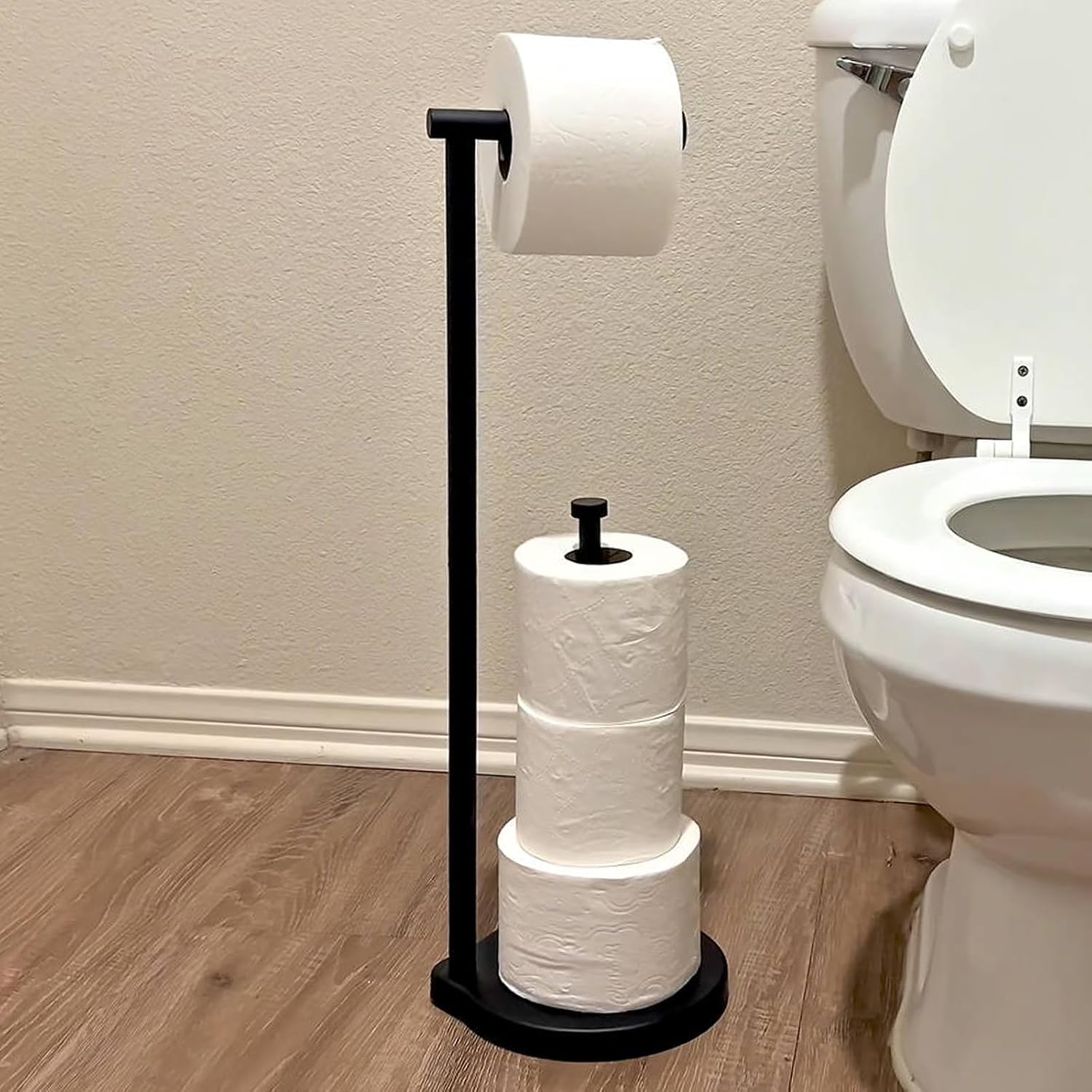 Theaoo Heavy-Duty Toilet Paper Holder Stand - Modern Freestanding Stainless Steel Tissue Roll Holder (Black)