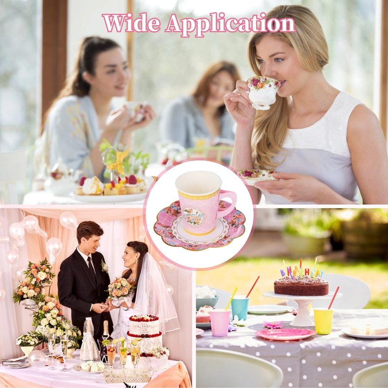 192 PCS Floral Paper Tea Cups with Handle - 96 Disposable Cups and Saucers for Birthday Wedding Tea Party Decorations