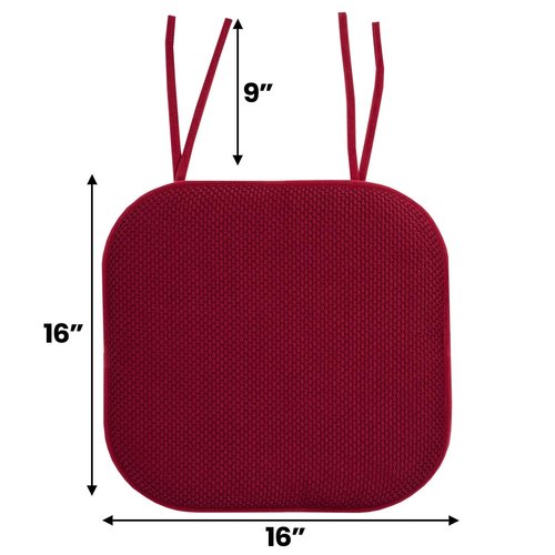 Sweet Home Collection Chair Cushion Memory Foam Pads with Ties Honeycomb Pattern Slip Non Skid Rubber Back Rounded Square 16" x 16" Seat Cover, 6 Pack, Wine Burgundy 6 Pack