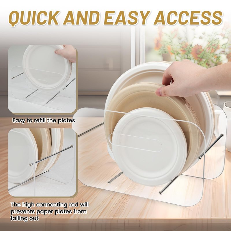 LVQVEV Paper Plate Dispenser, 7-12 Inch Disposable Plates Storage Organizer, Round Square Plastic Foam Paper Plate Acrylic Organizer for Cabinet, Countertop, RV or Outdoor Use (1)