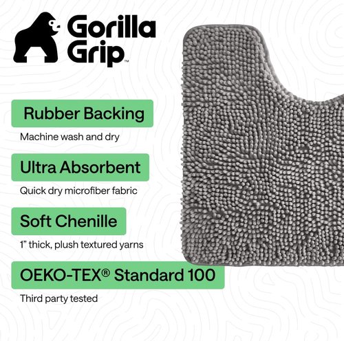 GORILLA GRIP Plush Chenille Bath Rug Mat - Soft Microfiber for Oval Toilet Base, Grey, Machine Washable