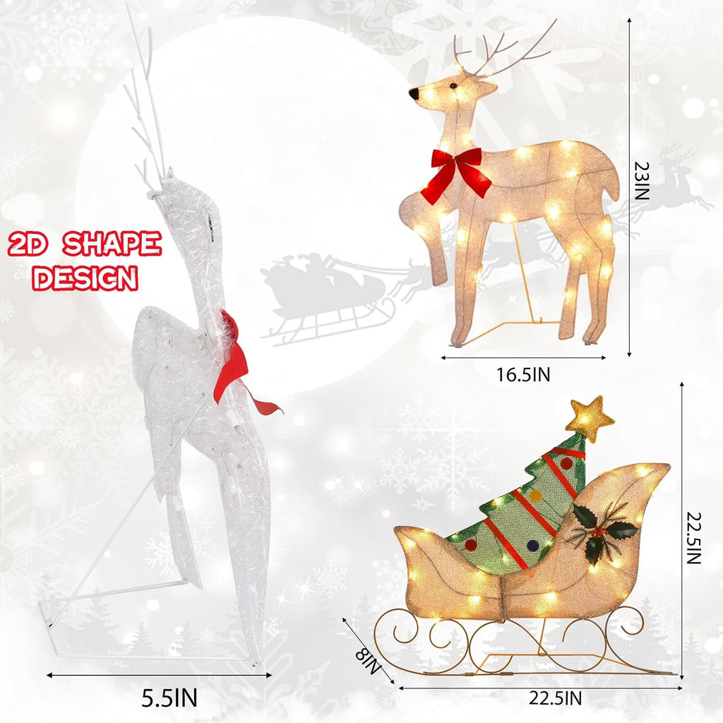 WATERGLIDE Christmas Decorations - 23-Inch Lighted Reindeer & Santa Sleigh | Pre-Lit 2D Yard Decor for Festive Holiday Display