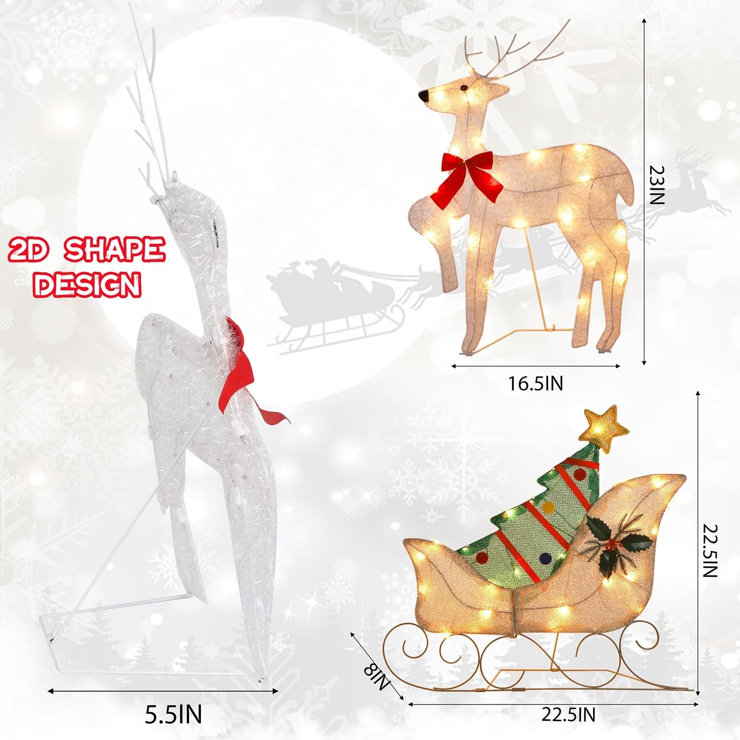 WATERGLIDE Christmas Decorations - 23-Inch Lighted Reindeer & Santa Sleigh | Pre-Lit 2D Yard Decor for Festive Holiday Display