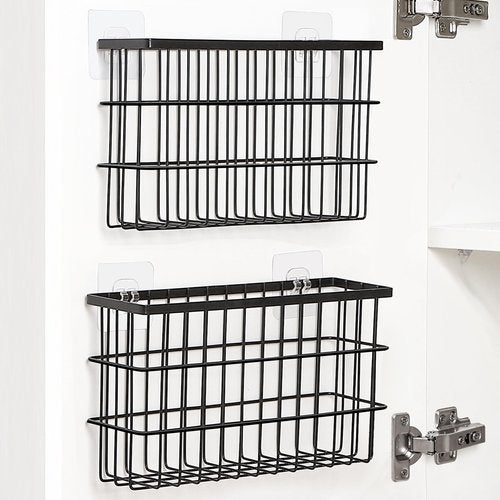 2 Pack Cabinet Door Organizer,Self Adhesive Lid Organizers Inside Cabinet Storage Boxes,Hanging Storage Basket Organizer Wall Mounted Pantry Caddy Cup Holder for Kitchen,Fridge,Bathroom (Black)