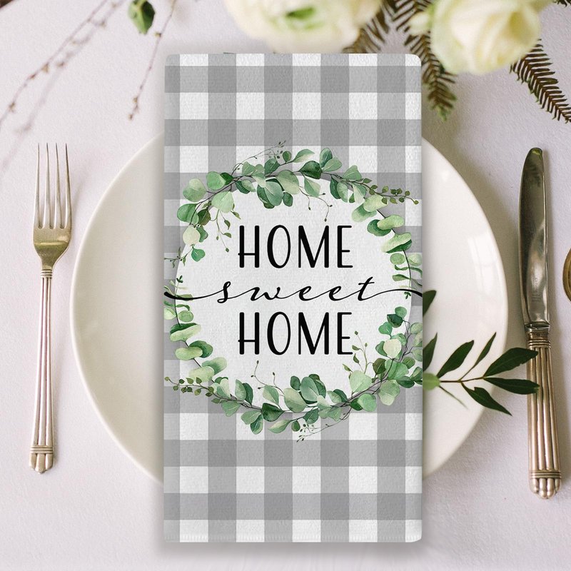 Seliem Sweet Home Spring Summer Kitchen Dish Towels Set of 2, Eucalyptus Leaves Mason Jar Hand Towels Drying Baking Cooking Cloth, Grey Plaid Farmhouse Bless Our Home Kitchen Decor 18x26 Inch