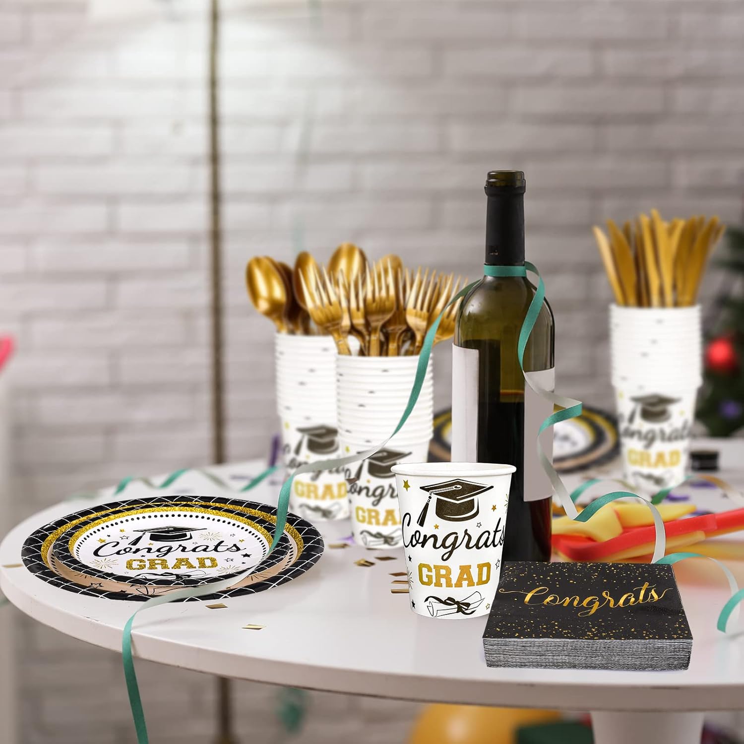 Whaline Graduation Party Supplies Set - 175 Pcs Disposable Tableware for 25 Guests | Plates, Napkins, Cups & Cutlery