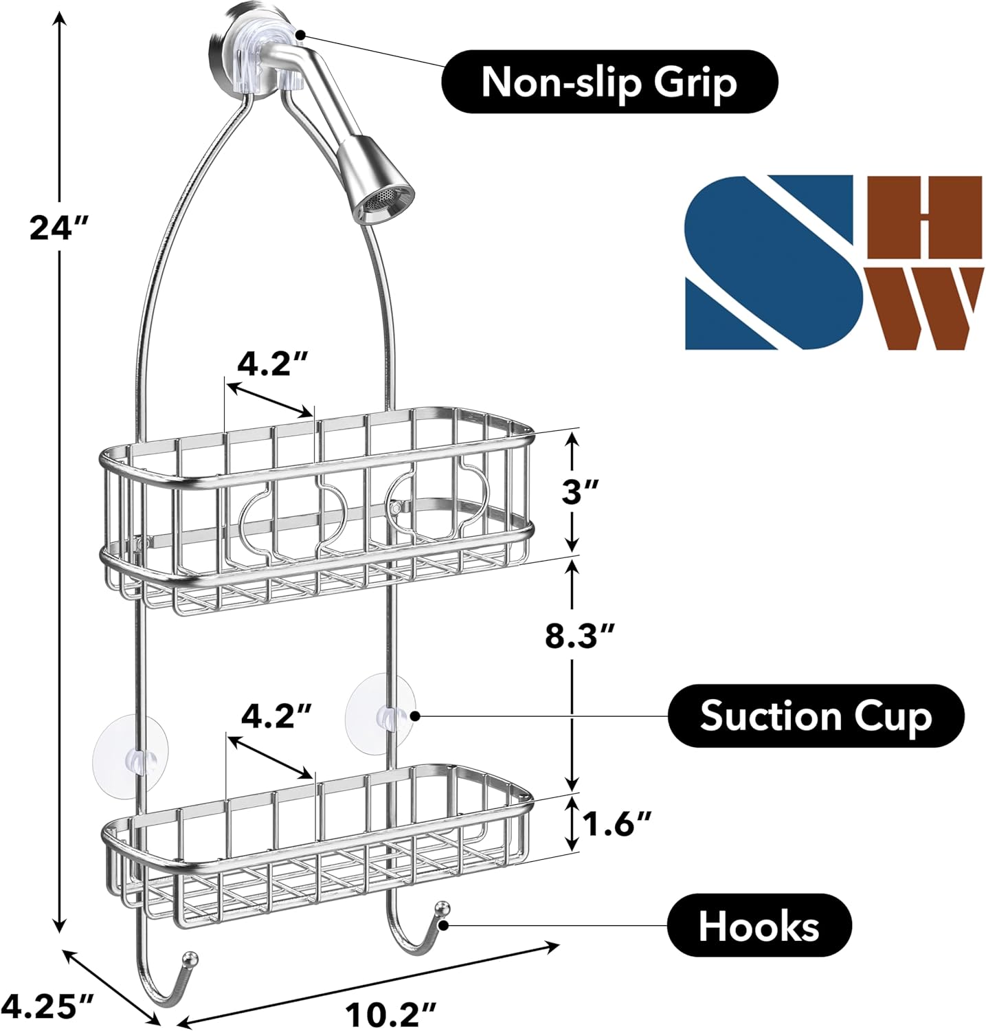 Simple Houseware Stainless Steel Shower Head Caddy Organizer - Space-Saving Design (24 x 10.2 x 4.25 Inches)