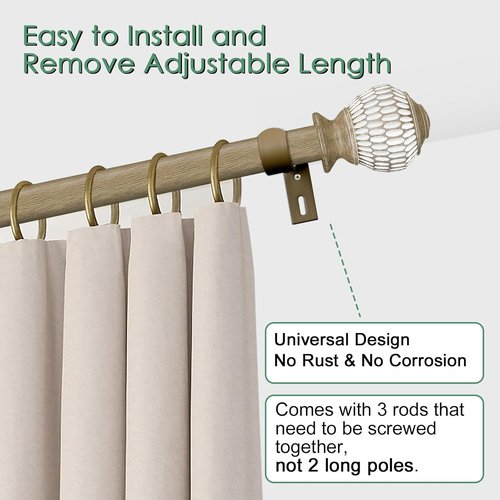 Byondeth Adjustable Curtain Rods - 16 to 48 Inches, 1 Inch Diameter with Wood Grain Leaf Finials