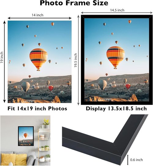 JCJMY 14x19 Picture Frame - Black Wall Gallery Frame with Shatter-Resistant Plexiglass | Horizontal & Vertical Formats