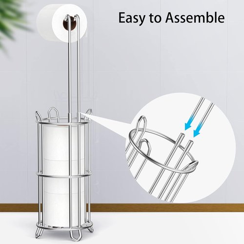 Meangood Toilet Paper Holder Stand - Free Standing Tissue Roll Dispenser for 4 Mega Rolls | Metal Wire Silver