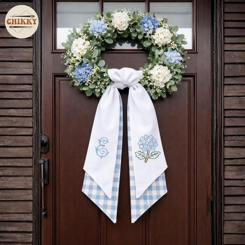Monogram Wreath Sash Bow - Adjustable Farmhouse Door Decor | Embroidered Hydrangea Design